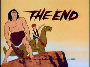 The End. Ugh, Dino Boy, and Bronto strike a pose in this self-explanatory closing screen.
