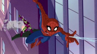 High above a New York City street, Spider-Man shoots web fluid from his hand to swing away from the Green Goblin pursuing him.