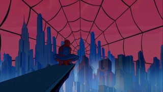 As Spider-Man perches in a Gargoylean stance high above New York, his signature spider pattern appears behind the skyline, indicating this is the episode's final shot.