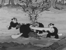 A team of beavers whittle a dam pole in "Busy Beavers."