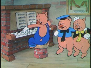 The trio of brothers celebrates their victory over the wolf with - what else? - music!