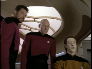 Commander Riker (Jonathan Frakes), Captain Picard (Patrick Stewart), and Lt. Commander Data (Brent Spiner) set their eyes on a temporal anomaly in "Relics".