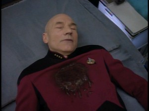 Captain Jean-Luc Picard (Patrick Stewart) falls flat on his back more than a couple of times in The Best of Star Trek: The Next Generation - Volume 2.