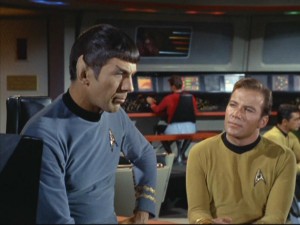 Spock (Leonard Nimoy) and Kirk (William Shatner) speculate about Khan's mysterious past and the world he came from.