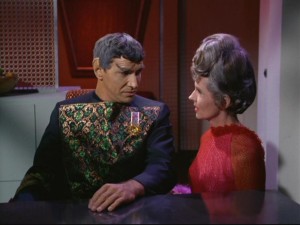 Even after being married to him for quite some time, Amanda (Jane Wyatt) still can't bring herself to understand the unfeeling ways of her Vulcan husband Sarek (Mark Lenard) and his people.