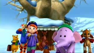Pooh, Tigger, Darby, Roo, Lumpy, and Holly set out for the North Pole, with Kanga (center) wishing them luck.