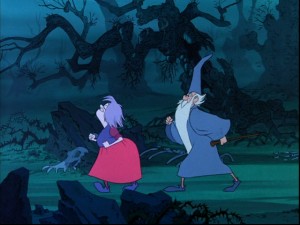Mim and Merlin pace off for a wizards' duel, one of "The Sword in the Stone"'s greatest scenes.