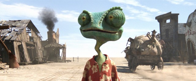 Rango (voiced by Johnny Depp) takes in the sights and sounds of the desert town Dirt.