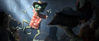 The ever-theatrical Rango regales Dirt's saloon with made-up tales of derring-do.