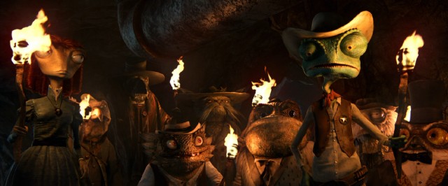 The assorted citizens of Dirt get behind their new sheriff Rango in hopes he'll solve the town's water shortage.