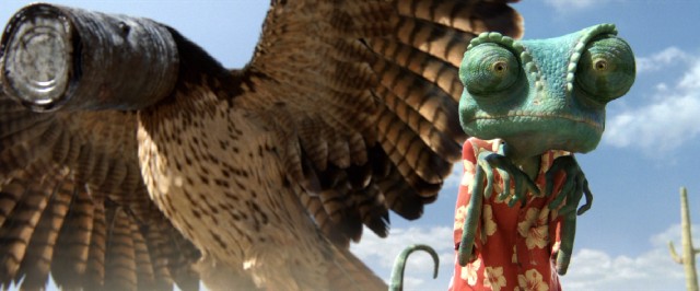 A tin can provides Rango with a brief respite from a hawk's pursuit.