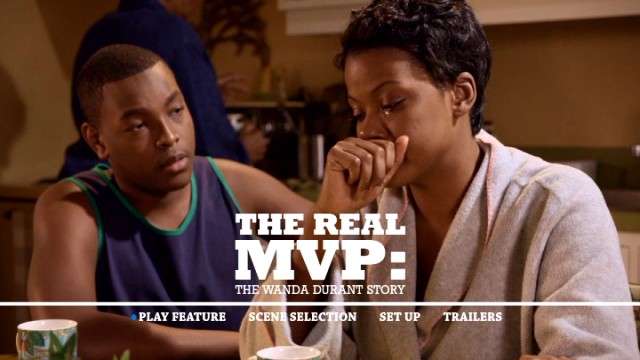 An emotional Wanda Durant (Cassandra Freeman), the real MVP, is comforted by her teenage son Tony (Demarius Mack) on The Real MVP: The Wanda Durant Story DVD's main menu.