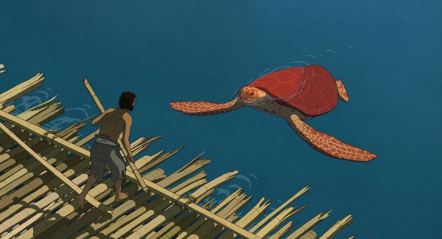 An island castaway encounters a giant red turtle in the Academy Award-nominated animated film "The Red Turtle."