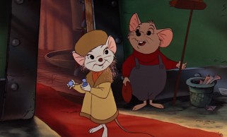 Hungarian Rescue Aid Society representative Miss Bianca charms janitor Bernard with a spray of her perfume.