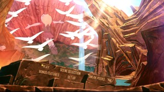 Cody jumps with the birds off a cliff on a cliff from the DVD-exclusive new "Rescuers Down Under" main menu.