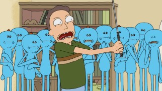 Countless Meeseeks try to help Jerry with his golf swing.