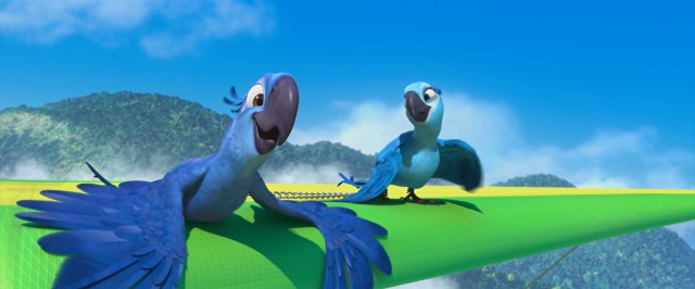 Since Blu can't fly, he and Jewel make do otherwise, soaring over Rio de Janeiro on a hang glider.