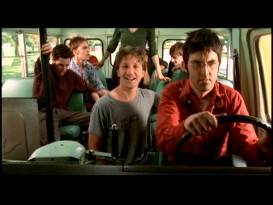 The cast of "Road Trip" takes a bus ride with the two singers of Eels in their "Mr. E's Beautiful Blue" music video.