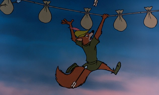 Robin Hood dodges arrows as he swings across a rope full of moneybags in the climax of his 1973 Disney animated feature.