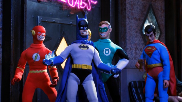 Justice League of America superheroes The Flash, Batman, Green Lantern, and Superman try picking up chicks at a bar while in costume.