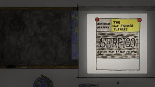 The appealing new animated menu projects slides of Eric Chase Anderson artwork, like this representation of a program for The Max Fischer Players' "Serpico."