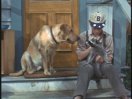 Though there's a dog, it's the raccoon in his lap that Sterling (Bill Mumy) names Rascal and befriends.