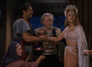 Samson's (Victor Mature) wedding to Semadar (Angela Lansbury) quickly hits a snag over a riddle and wager.