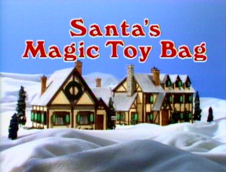 The title logo for Santa's Magic Toy Bag appears over a shot establishing the North Pole setting.