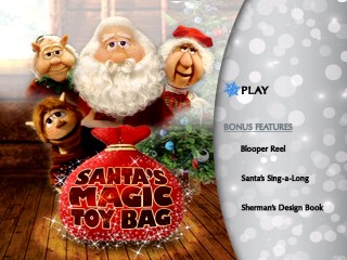 The Santa's Magic Toy Bag DVD main menu keeps things simple, with three extras listings placed next to a slightly modified version of the cover art.
