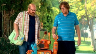 Brian (Brian Posehn) and Steve (Steve Agee) have a robot son in "Just Breve."