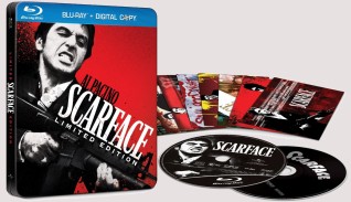 The two discs and ten art cards of the "Scarface" Limited Edition Steelbook Blu-ray are laid out.