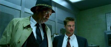 Detectives William Somerset (Morgan Freeman) and David Mills (Brad Pitt) investigate a serial killer driven by the Seven Deadly Sins in David Fincher's "Se7en."