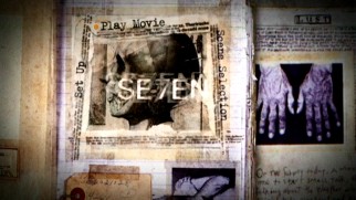 The main menu for "Se7en" is static but creative, incorporating imagery from the killer's notebooks.
