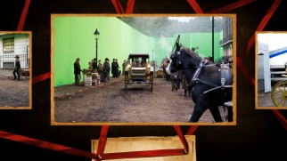 One of many stills in many galleries, this image shows filming on location with green screen walls around.