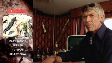 James Coburn plays it cool across from poster art on the Sky Riders main menu.