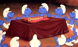 Eleven Smurfs dance happily around their newly-forged magic flute.