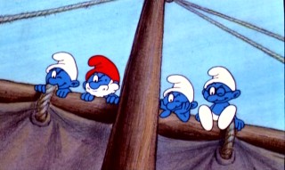 Papa Smurf and his three personally selected travel companions give William a synchronized wink from the safety of a ship's mast.