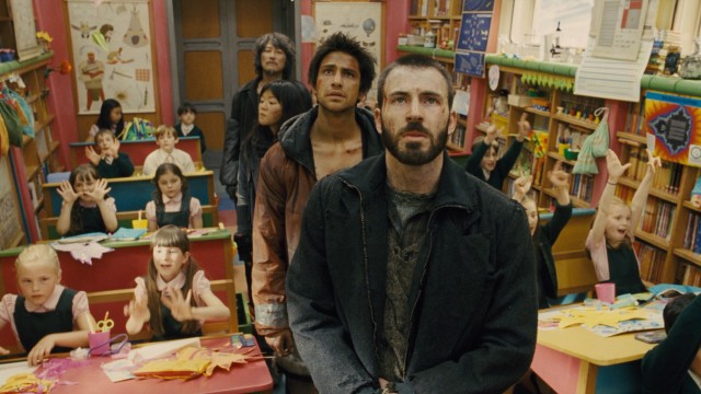 In #36, "Snowpiercer", a revolution led by Curtis Everett (Chris Evans) happens upon a colorful children's classroom that fills one of the train's countless varied cars.