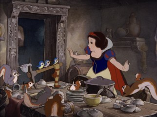 Woodland creatures help Snow White find and clean the dwarves' messy home.