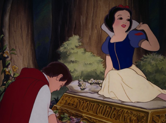 As the unnamed prince mourns by her coffin, Snow White rises and shines, her sleeping death spell broken by true love's kiss.