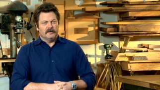 Nick Offerman conducts a short interview from his woodworking shop.