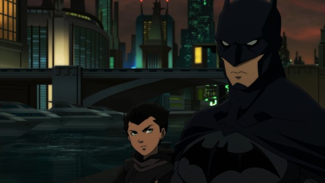 Father and son share a moment on the streets of Gotham City in "Son of Batman."