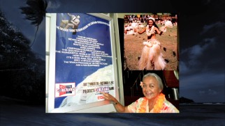 Dancer Ramine Seaman poses next to the poster for a 2012 Cinerama film festival.