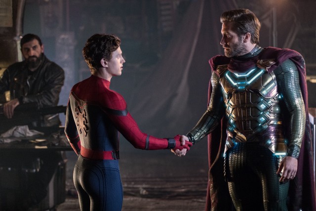Spider-Man (Tom Holland) meets Quentin Beck, a.k.a. Mysterio (Jake Gyllenhaal) in "Spider-Man: Far from Home."