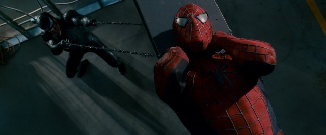 Venom slings a symbiotic chokehold on Spider-Man near the end of "Spider-Man 3."