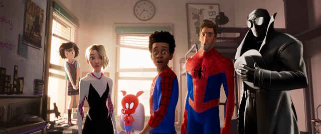 Assorted Spider-people -- Penni Parker, Spider-Gwen, Spider-Ham, Peter B. Parker, and Spider-Man Noir (voiced by Nicolas Cage) -- form a kind of surrogate Spider-family around our budding hero Miles Morales (center).