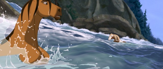 Spirit and Rain find themselves amidst rough rapids in one of the film's obligatory action-adventure sequences.