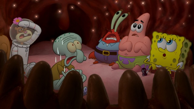 SpongeBob and friends make the trip up to the ocean's surface inside the mouth of a whale.