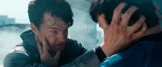 Khan (Benedict Cumberbatch) and Spock duel it out physically and mentally in the action climax of "Star Trek Into Darkness."