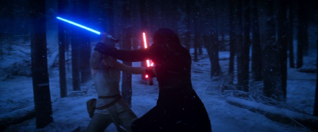It wouldn't be "Star Wars" without a lightsaber fight. "The Force Awakens" at least distinguishes its climactic one by setting it in the woods on a snowy night.